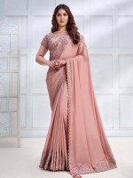 Peach Pink Pure Crepe Georgette Saree